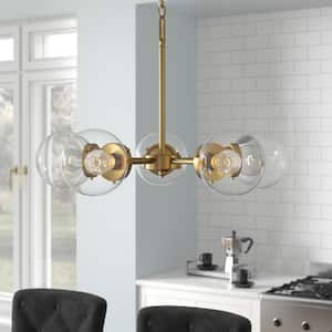 Knoll 5-Light Mid-Century Brushed Gold Chandelier with Clear Glass Shades For Dining Rooms