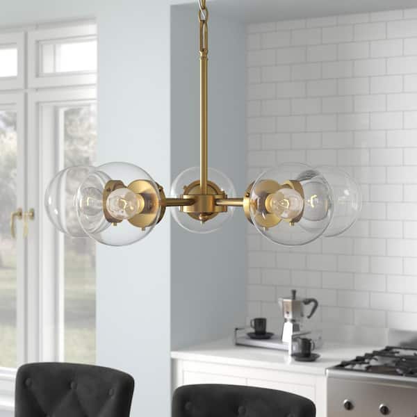 Knoll 5-Light Brushed Gold Retro Sputnik Chandelier for Dining Areas with No Bulbs Included