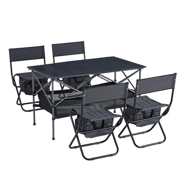 Zeus & Ruta 5-Piece Folding Outdoor Table and Chairs Set with Storage Bag for Indoor, Outdoor Camping, Picnics, Beach, Black/Gray