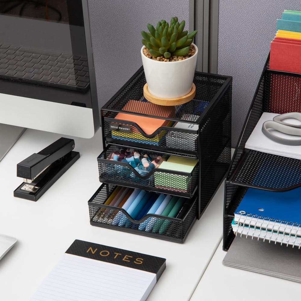 Black Metal Mesh 3-Drawer Desktop Organizer