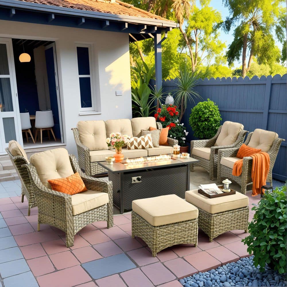 Cherry 8-Piece Wicker Outdoor Fire Pit Furniture Patio Conversation Sofa Seating Set with Beige Cushions price history on PriceWatchPro