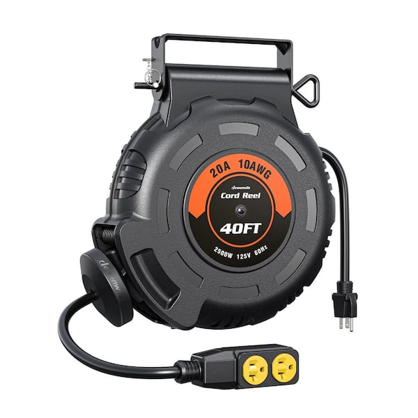 40ft. 10AWG/3C SJTW, 20 Amp Circuit Breaker, Heavy Duty Power Extension Cord Reel with 4 Grounded Outlets, Ceiling/Wall