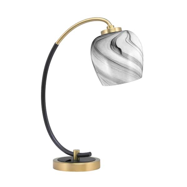 Unbranded Delgado 18.25 in. Matte Black and New Age Brass Piano Desk Lamp with Onyx Swirl Glass Shade