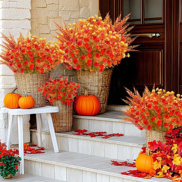 9.50 in. H Orange Artificial Eucalyptus Flowers 12-Bundles UV Resistant Fake Fall Plants for Outdoor Indoor Decor