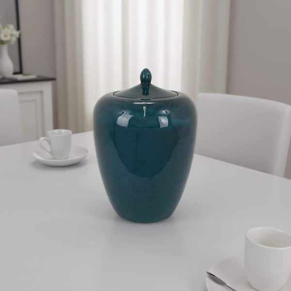 Teal Green Round Ceramic 13 in. Decorative Lidded Jar with Storage