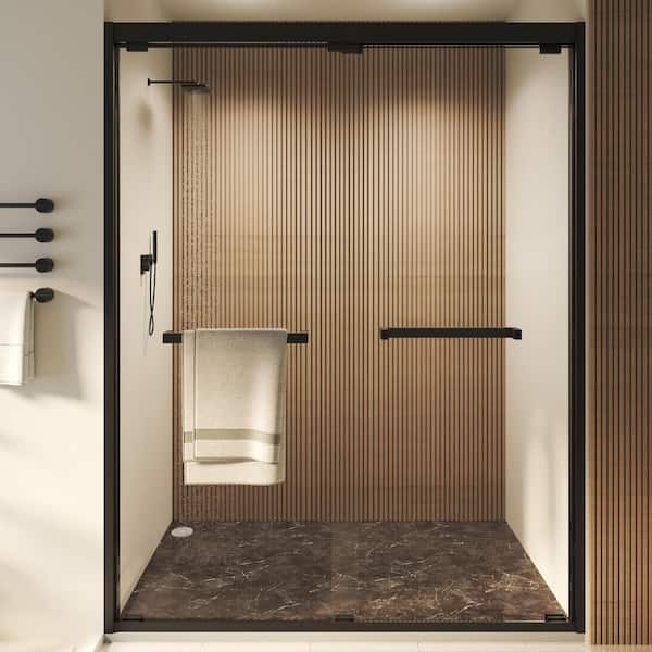 56 to 60 in. W x 76 in. H Double Sliding Framed Shower Door in Matte Black Finish with Clear Glass