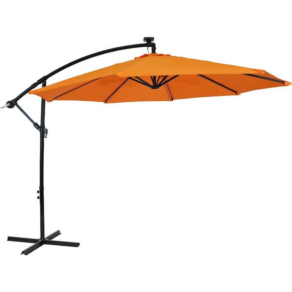 Sunnydaze 9.6 ft. Offset Cantilever Patio Umbrella with Solar LED Lights in Tangerine