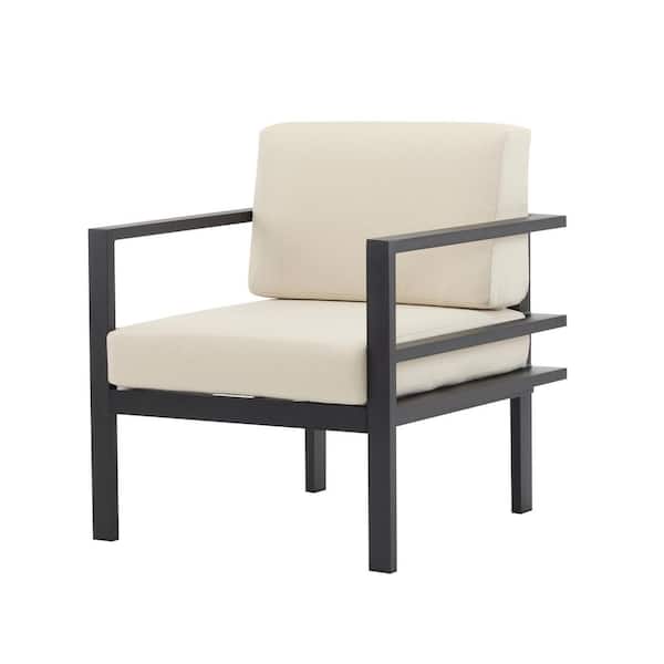 Black Aluminum Outdoor Lounge Chair with Comfy Beige Cushions, All Weather Wide Seat Arm Chair for Patio Garden Balcony