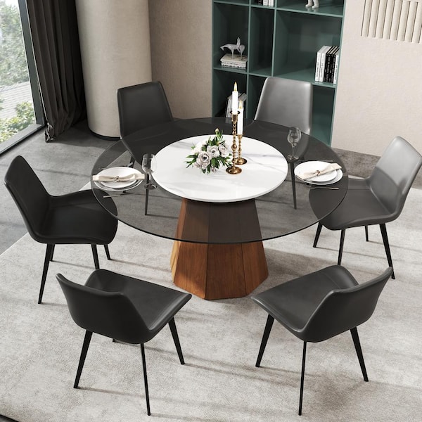 Round Brown With Lazy Turntable Glass 59.05 in. Pedestal Dining Table with Wood Base Seats 8
