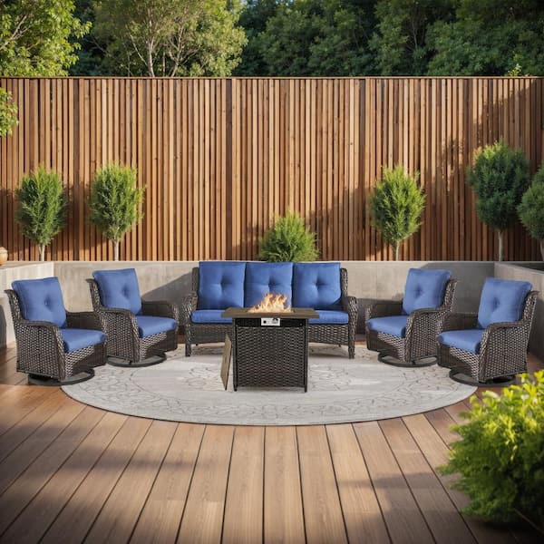 6-Piece Brown Wicker Fire Pit Conversation Set with Olefin Blue Cushions and 4 Swivel Glider Chairs and Couch