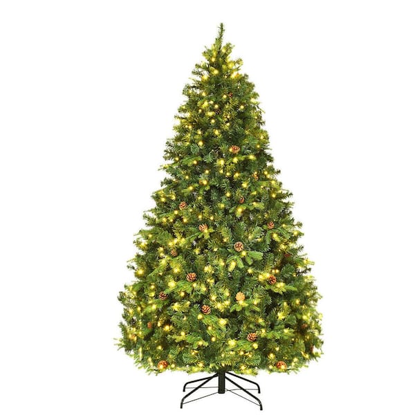 Wellfor 7.5 Ft. Green Pre-Lit Led Full Artificial Christmas Tree With 159 Pe And Pvc Tips 540 Warm White Lights And Pine Cones Cm-Hwy-20636