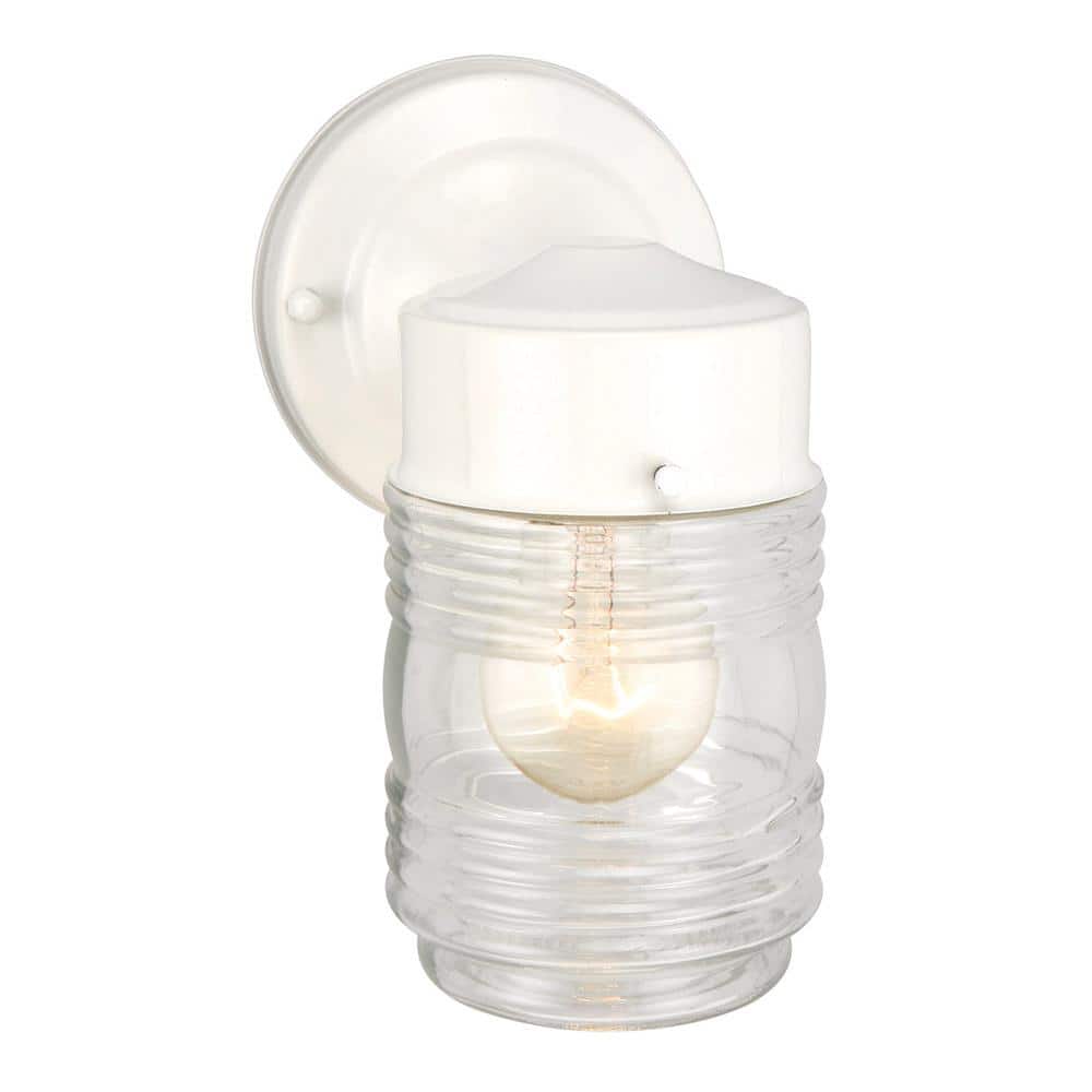 White Jelly Jar Ribbed Glass Outdoor Sconce