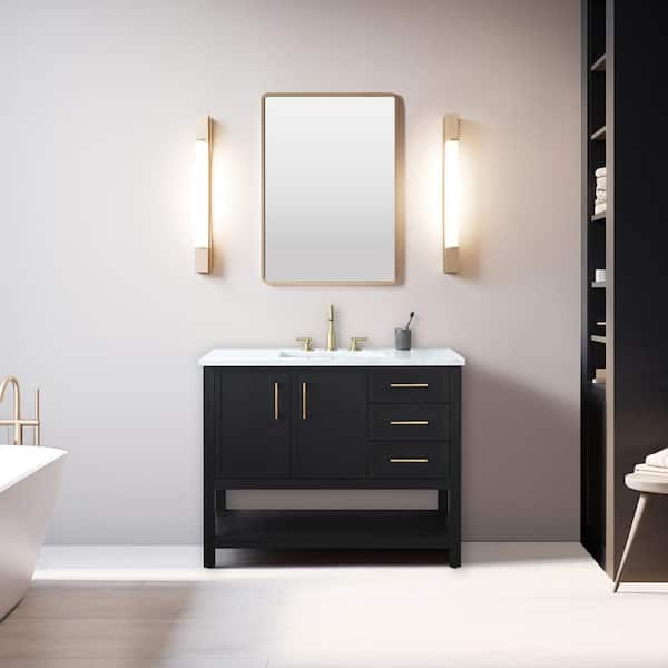 SUDIO Oliver 42 in. W Bath Vanity in Black Oak with Engineered Stone Top in Arabescato with White Sink