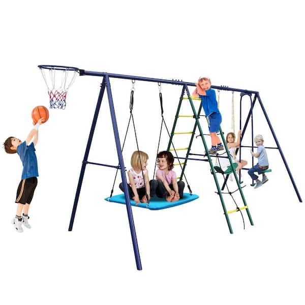 6 in. 1 Swing Set with Climbing Ladder, Climbing Net, Glider, Hammock Swing, Belt Swing, Basketball Hoop for Backyard