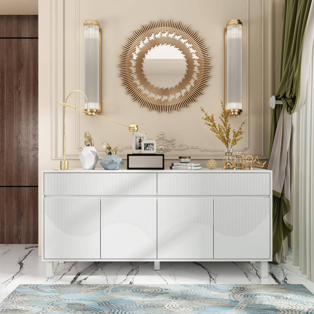 63 in. L Rectangle Wood Console Table Entry Table For Hallway With White Wavy Texture Finish, Adjustable Shelves, Drawer
