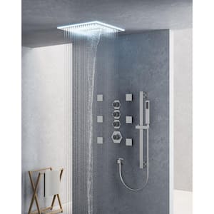 Thermostatic 17-Spray 16 in. Square LED Mood Lighting Bluetooth Music Shower System with Valve in Brushed Nickel