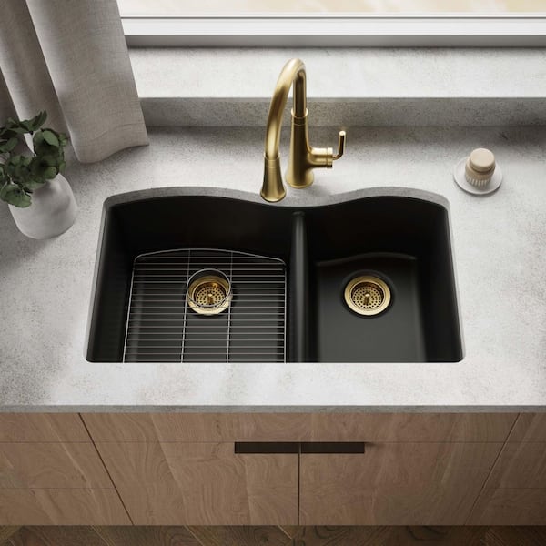 Kennon Drop-In Neoroc Granite Composite 33 in. 1-Hole Double Bowl Kitchen Sink in Matte Black with Basin Rack