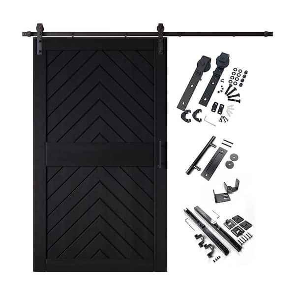 JT1 50 in. x 84 in. C-Panel Black Fishbone Design Solid Pine Wood Sliding Barn Door with Hardware Kit