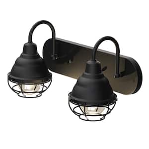 Webster 18 in. 2-Light Matte Black Industrial Bathroom Vanity Light Wall Sconce with Wire Cage Shade, Bulbs Included