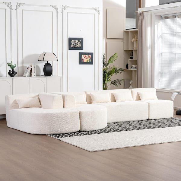 143.7 in. Boucle Fabric Square Arm Straight Sectional Sofa in Beige with 2-Chaise Lounge and 5-Back Pillows