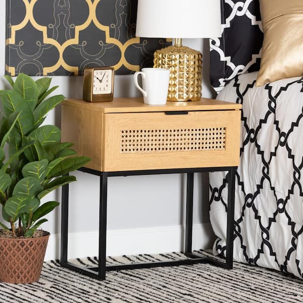 Baxton Studio Sawyer 1-Drawer Oak Brown and Black Nightstand End Table (21.7 in. H x 19.7 in. W x 11.8 in. D)