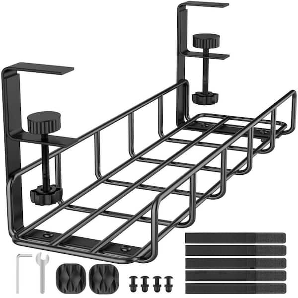 15.7 in.W Under Desk Wire Management Tray, No-Drill Steel Cable Organizers, Adjustable Cords Management Rack in Black