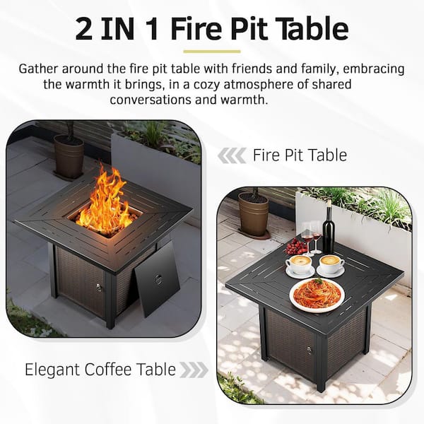 BaliSpin 5-Piece Black Metal Frame Swivel Rocking Chair Outdoor Dining Set with Beige Cushions and Square Fire Pit Table