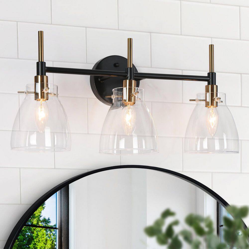 21.5 in. 3-Light Brass Gold Vanity Light for Bathroom, Black Wall Sconce Lighting with Bowl-Shaped Clear Glass Shades price history on PriceWatchPro