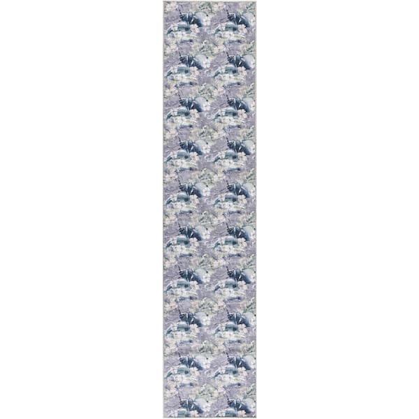 Nourison Washables Grey Blue 2 ft. x 10 ft. Botanical Traditional Runner Area Rug
