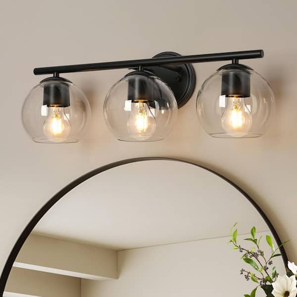 Industrial Black Bathroom Vanity Light, 21.5 in. 3-Light Modern Transitional Globe Wall Sconce with Clear Glass Shades