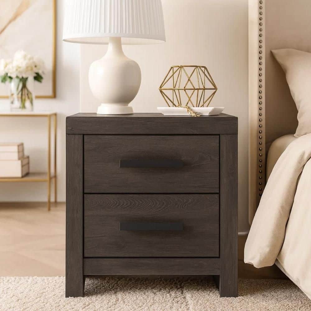 Peny Charcoal Black 2 Drawer 15.31 in. W Nightstand with Long Metal Handles
