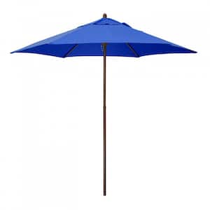 9 ft. Wood-Grain Steel Push Lift Market Patio Umbrella in Polyester Pacific Blue Fabric