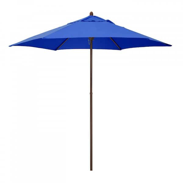 Astella 9 ft. Wood-Grain Steel Push Lift Market Patio Umbrella in Polyester Pacific Blue Fabric