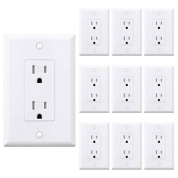 Photo 1 of Decor 15 Amp 125-Volt Residential Grade Tamper Resistant Duplex Outlet with Midsize Nylon Wall Plate, White (10-Pack)