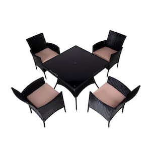 5-Pieces Black PE Wicker Patio Conversation Set with Square Glass Tabletop, 4 Chairs and Khaki Cushions