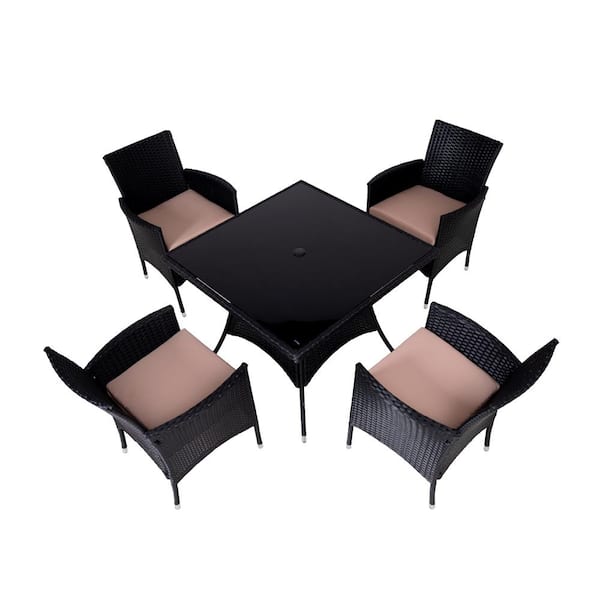 Unbranded 5-Pieces Black PE Wicker Patio Conversation Set with Square Glass Tabletop, 4 Chairs and Khaki Cushions