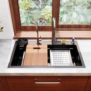 30 in. Drop-In/Undermount Single Bowl Stainless Steel Workstation Kitchen Sink in Black with Pull-Down Faucet