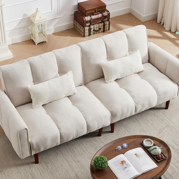 Uixe 81.1 in. Modern Square Arm Linen Upholstered Convertible Sectional Sofa Bed in White With 2-Pillows And Wood Leg