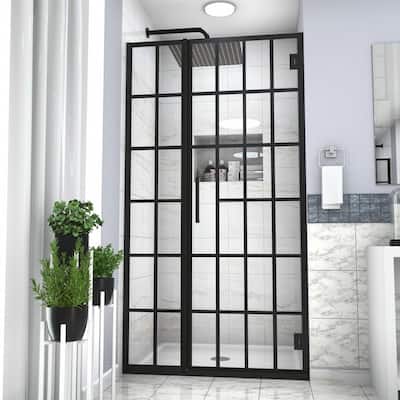 35 in. W x 72 in. H Pivot Semi Frameless Pivot Shower Door/Enclosure in Matte Black with Pattern Glass