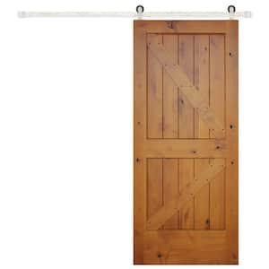 36 in. x 84 in. Rustic Prefinished 2-Panel Right Knotty Alder Wood Sliding Barn Door with Satin Nickel Hardware kit