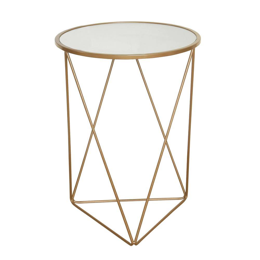Modern Geometric Gold Metal Round Side Table with Mirrored Top