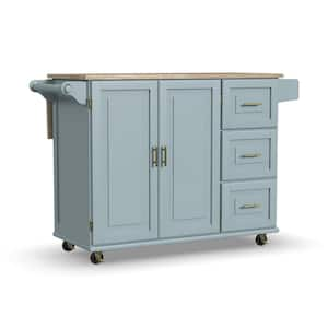 Dolly Madison Light Blue Kitchen Cart with Natural Wood Top