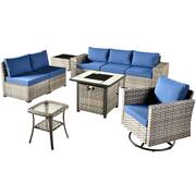 Tahoe Grey 9-Piece Wicker Patio Fire Pit Conversation Sofa Set with a Swivel Rocking Chair and Navy Blue Cushions