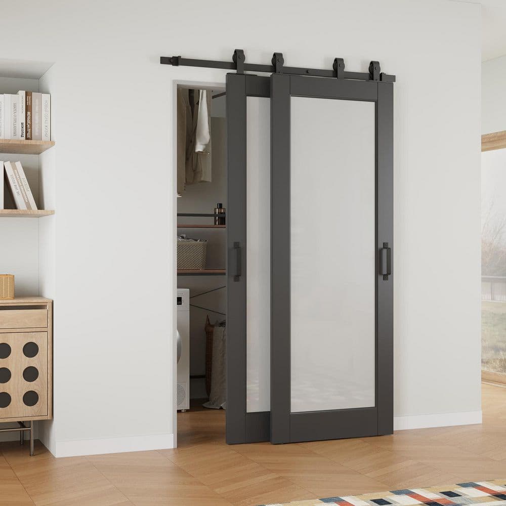56 in. x 80 in. (Double 32 in.) 1-Lite Frosted Glass Black Primed MDF Sliding Barn Door with Hardware Kit Bypass price history on PriceWatchPro