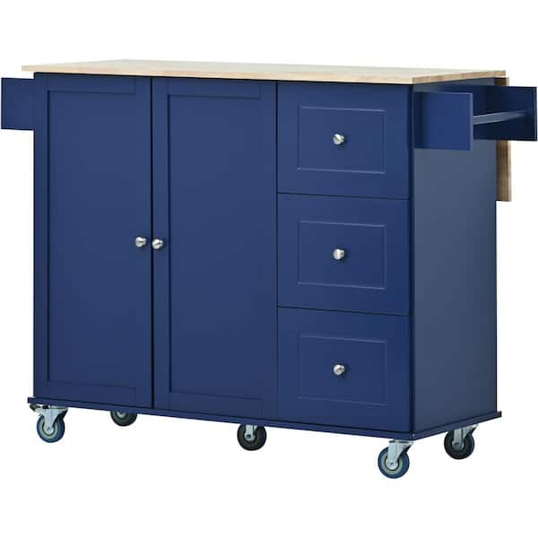 ARTCHIRLY Brown Solid Wood Top 52.7 in. Dark blue Kitchen Island with ...