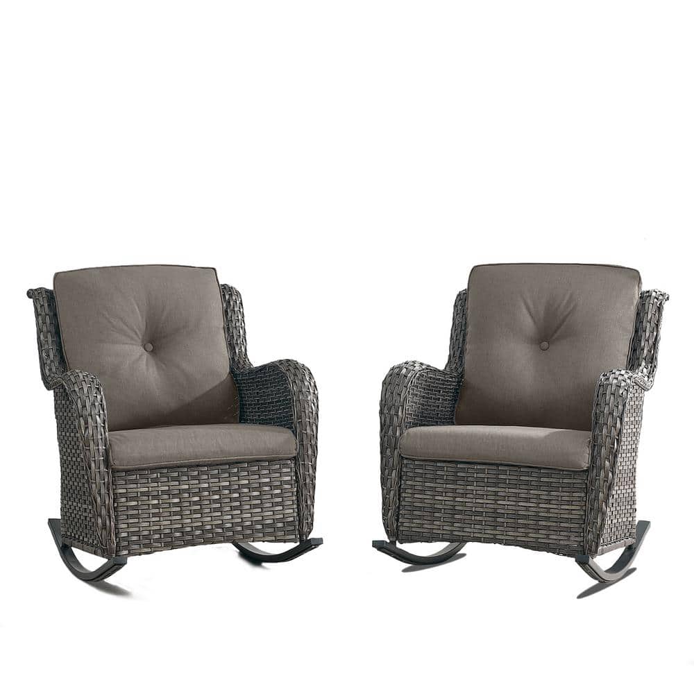 Gray Wicker and Steel Rocking Armchair Set with Cushions