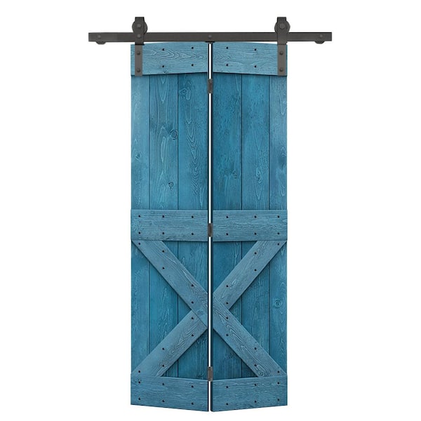 CALHOME 22 in. x 84 in. Mini X Series Ocean Blue Stained DIY Wood Bi-Fold Barn Door with Sliding Hardware Kit
