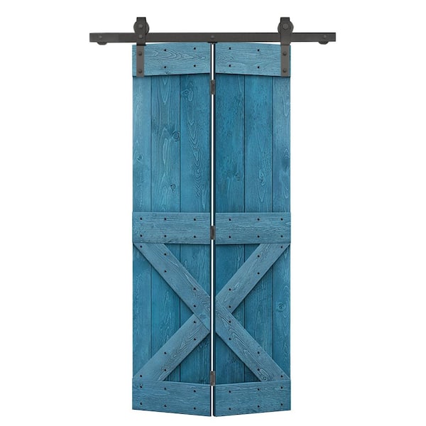 CALHOME 32 in. x 84 in. Mini X Series Solid Core Ocean Blue Stained DIY Wood Bi-Fold Barn Door with Sliding Hardware Kit