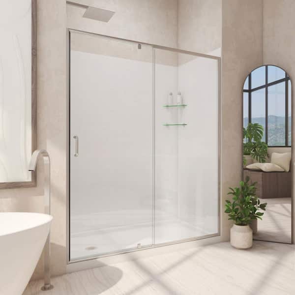 DreamLine 32 in. D x 60 in. W x 78 3/4 in. H Pivot Semi-Frameless Shower Door Base and White Wall Kit in Brushed Nickel