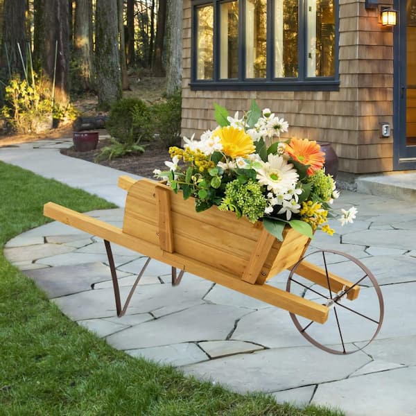 Wood Wagon Planter Decorative Indoor/Outdoor Rustic Flower Cart with Wheel Beige